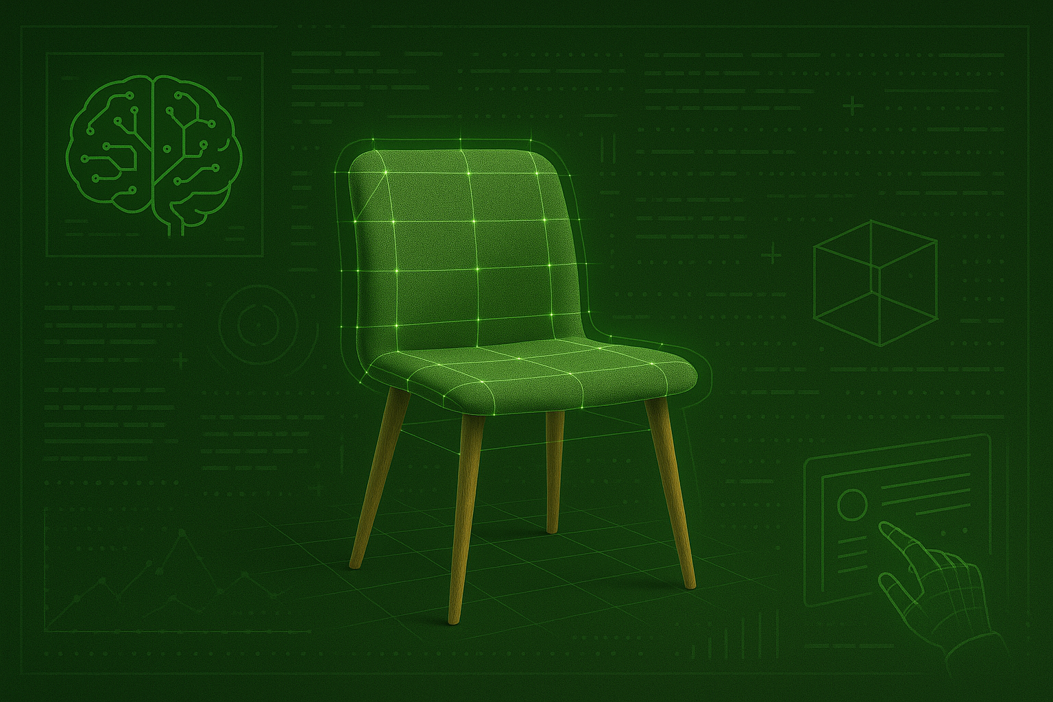 AI analysis of chair with digital wireframe overlay